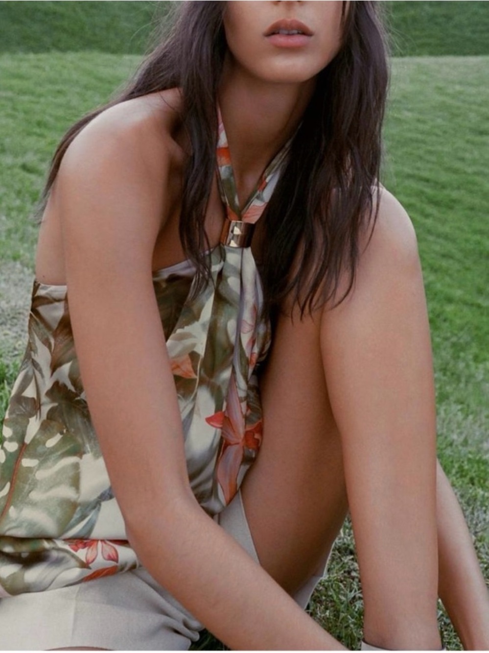 Zara Floral Halter Top in Olive Green and Coral